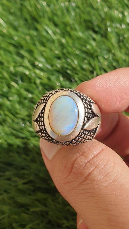 Natural Australian Opal In Hand Made Heavy Silver Ring 1