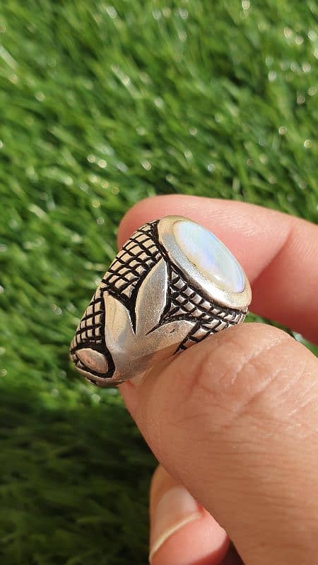 Natural Australian Opal In Hand Made Heavy Silver Ring 2