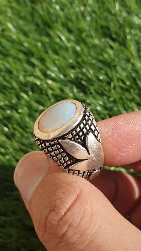 Natural Australian Opal In Hand Made Heavy Silver Ring 4