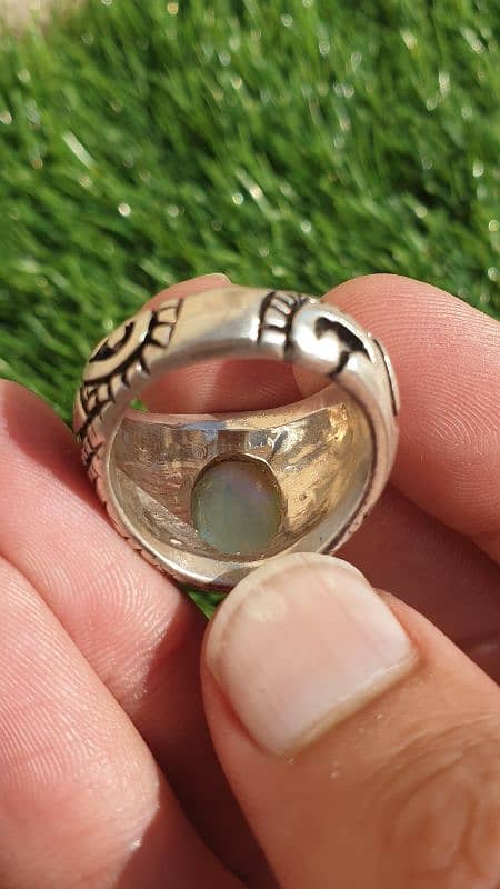 Natural Australian Opal In Hand Made Heavy Silver Ring 7