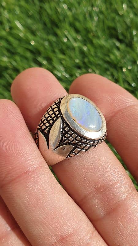 Natural Australian Opal In Hand Made Heavy Silver Ring 8