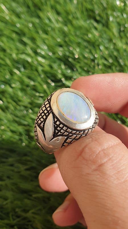 Natural Australian Opal In Hand Made Heavy Silver Ring 9