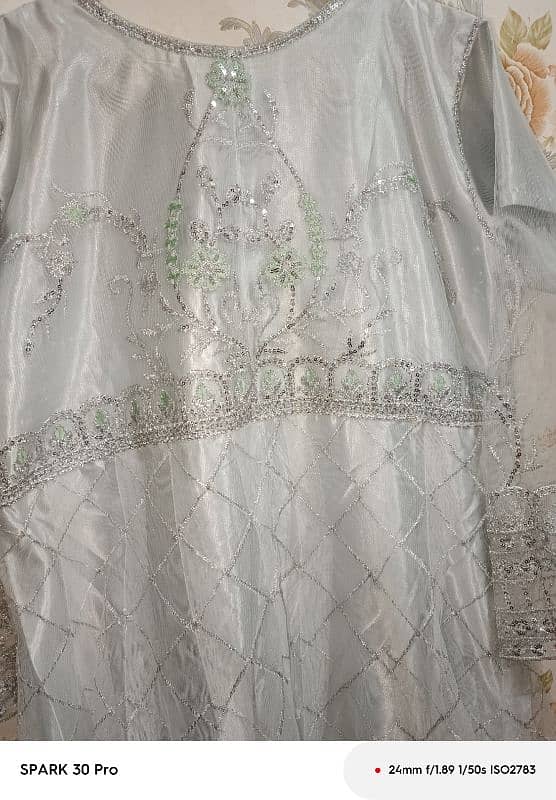 silver embroide frock with gharara style and dupatta 7