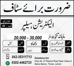 Electrician Helper Wanted for Solutions Inn Lahore