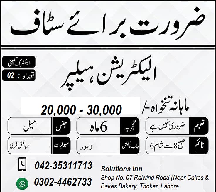 Electrician Helper Wanted for Solutions Inn Lahore 0