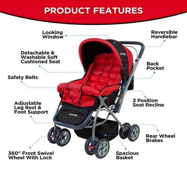 IMPORTED HGIH QUALITY 8 Big Tyres Alloy Foldable Baby Stroller RED/BL 9