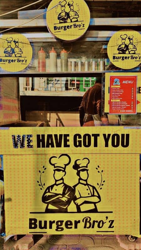 food stall (counter) with Fries item and 2 plastic stool. . . more 2