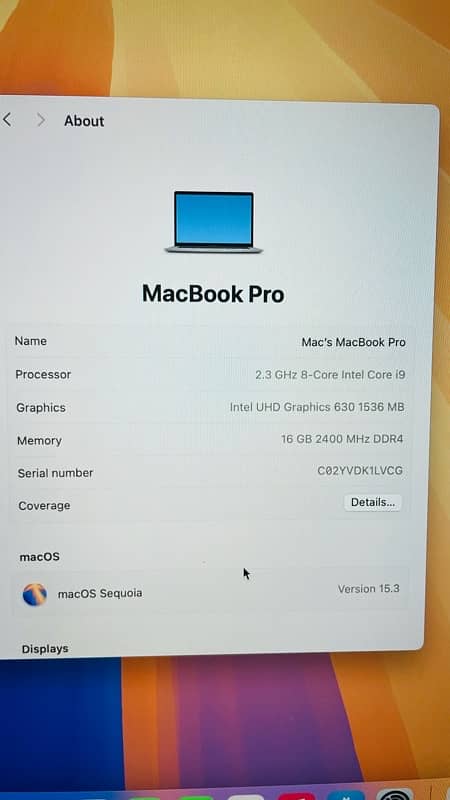 Macbook Pro Ci9 16/512 gb , 4 Gb graphics , A1990 5