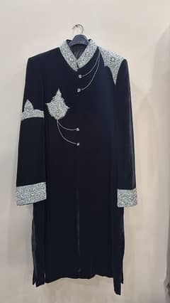 Handcrafted Navy Velvet Sherwani with Embellishments – Worn Only Once