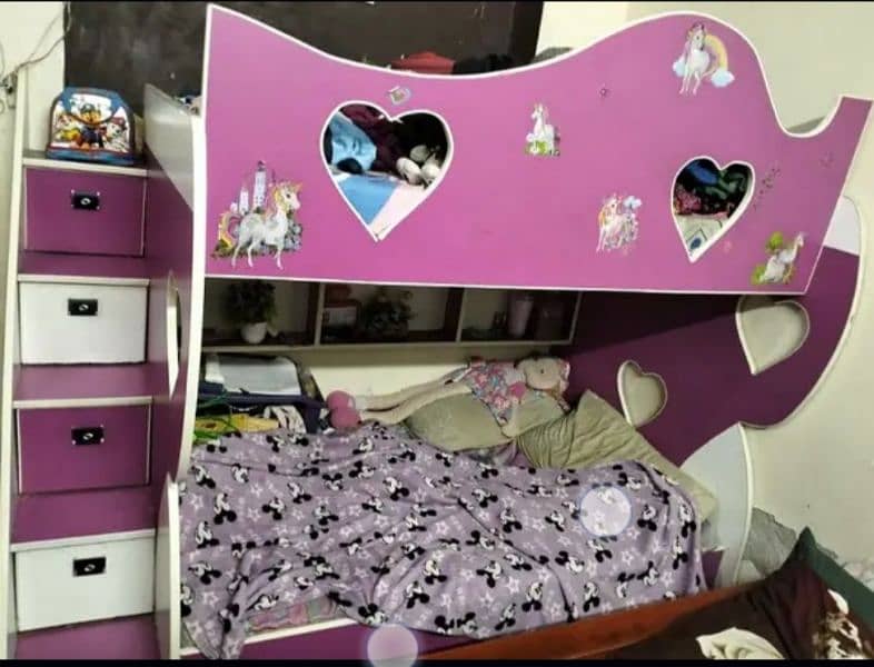 Bed set for kids with two showcase cabinet and storage cabin in stairs 2