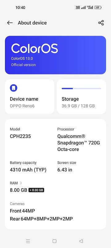 OPPO Reno 6 Dual Official PTA Approved 10/10 Condition 8+8/128Gb Ph 2