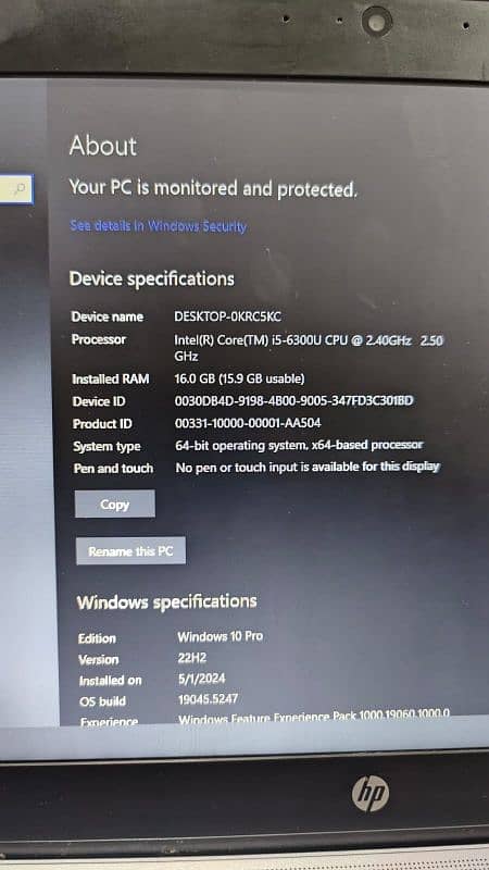 Hp core i5 6th generation 16gb ram 256SSD 3