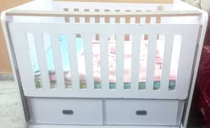 Baby white wooden cot with mattress