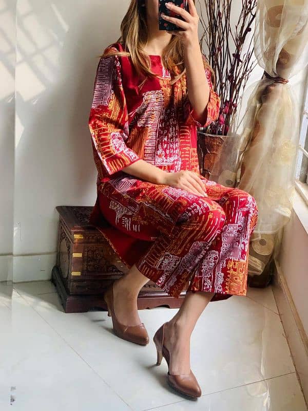 2 pcs women stitched Linen printed suit 1