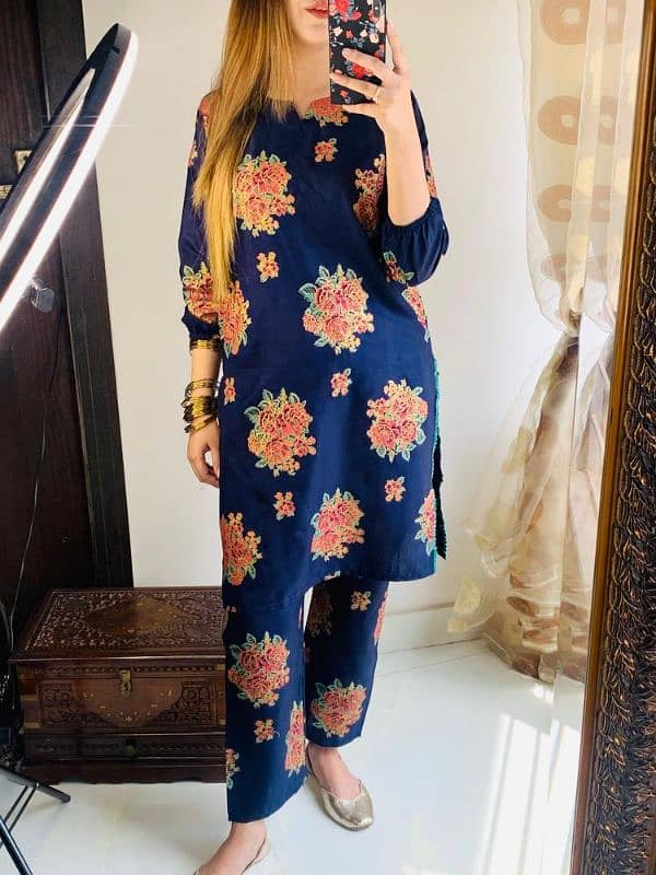 2 pcs women stitched Linen printed suit 12