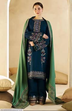 3 PCs woman's unstitched Dhansk embroidered suit