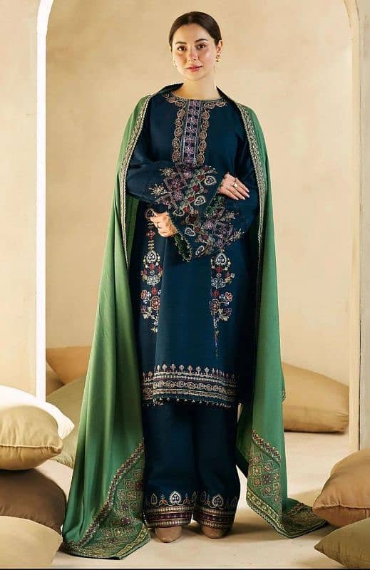 3 PCs woman's unstitched Dhansk embroidered suit 1