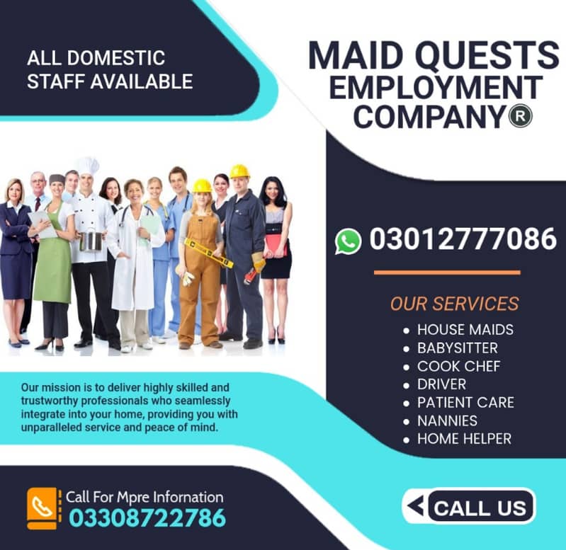 Full time staff House maids , Couple, Baby Sitter, Cook, Patient Care 0