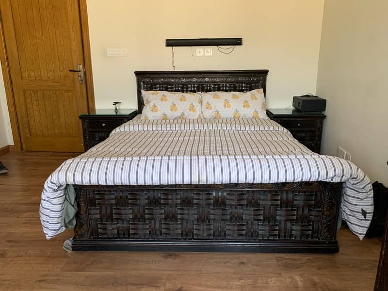 Solid wood bed set with side tables and mattress for sale 0