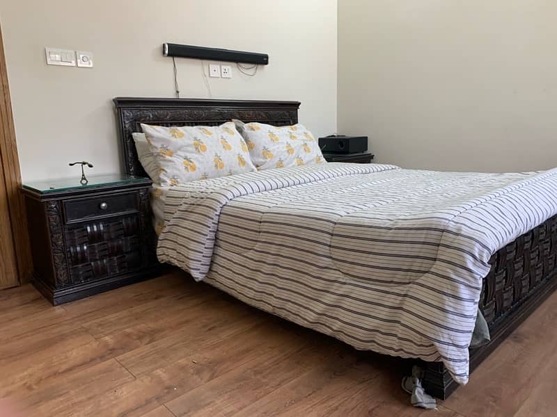 Solid wood bed set with side tables and mattress for sale 1