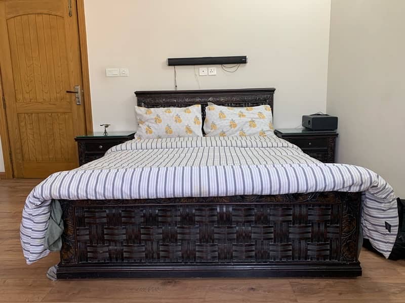 Solid wood bed set with side tables and mattress for sale 2