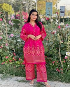 2 pcs Womens Stitched Linen Printed Suit Avaible