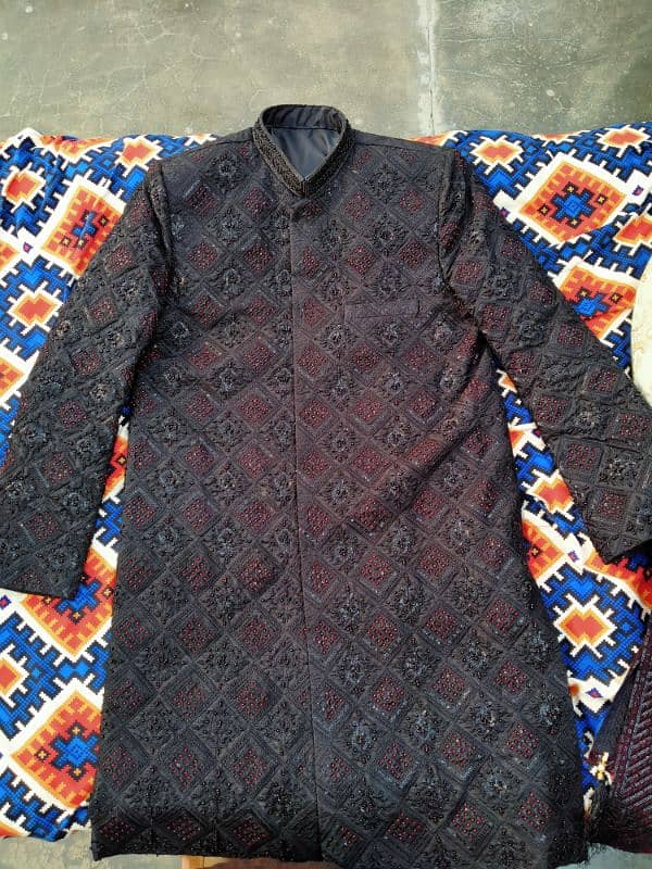 Beautiful Sherwani with black Shalwar kameez, Kullah and Khusa 2