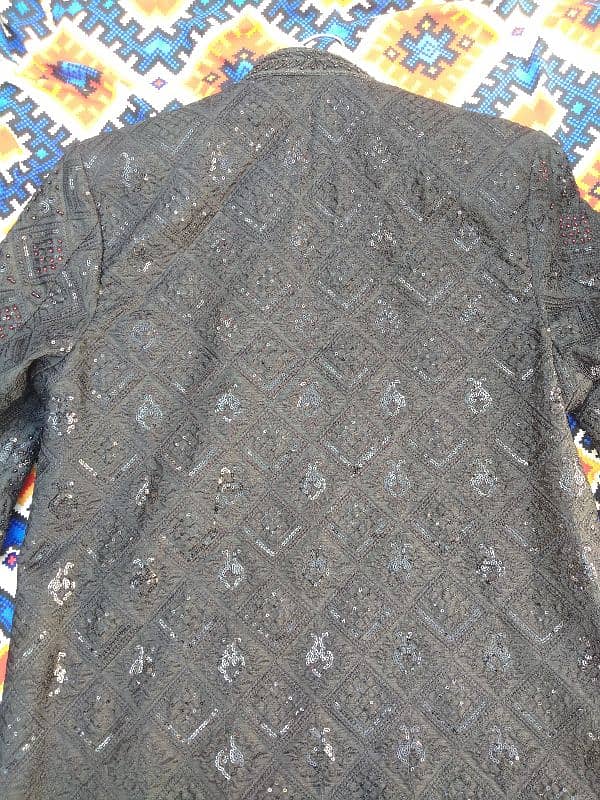 Beautiful Sherwani with black Shalwar kameez, Kullah and Khusa 5