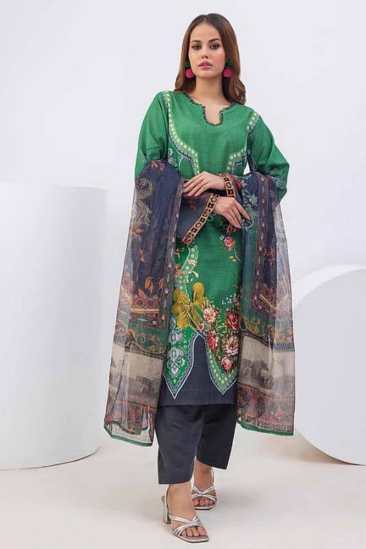 3 Piece Printed Khaddar Unstitched Suit with Net Dupatta. 3