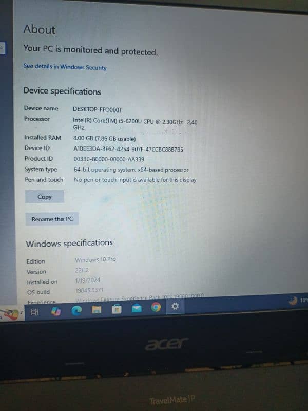 Acer i5th 6th Generation 2.3i6 Processer 8 Gb Ram 120 SSD Hard 4