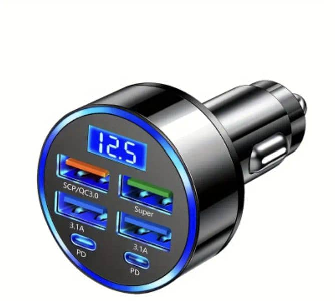 6-in-1 Car Charger with Display, Fast Charging Dual PD. 3