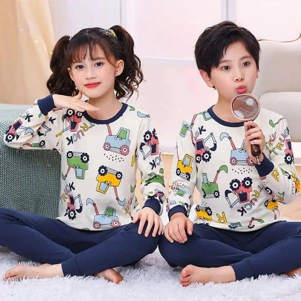 stylish printed cotton jersey night suit for boys and girls 2pcs set. 0