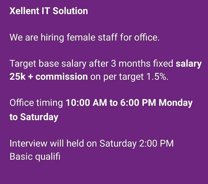 Female staff required urgent base 20 to 35 age 0