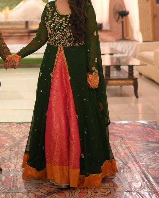 Mehendi Dress for Sale – Green Maxi with Pink Lehenga & Green Dupatta 0