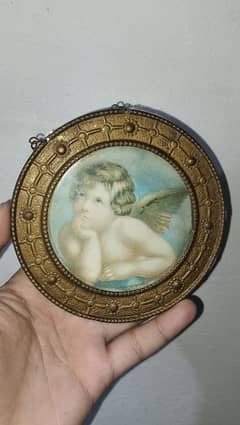 Antique original hand painted baby angel painting brass frame