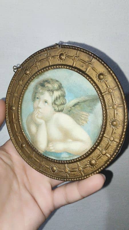 Antique original hand painted baby angel painting brass frame 1