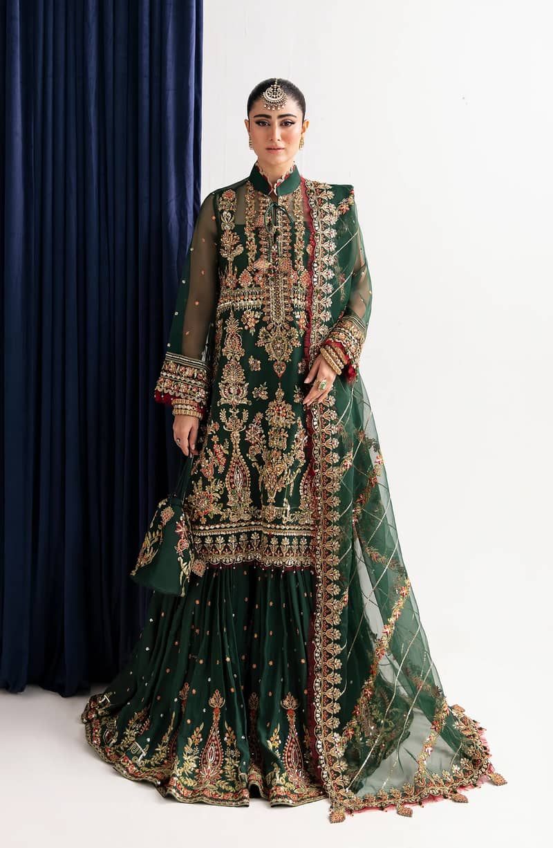 Bottle Green 3 Piece Embroidered Raw Silk Suit|Brand By Fabiha Fatima 0