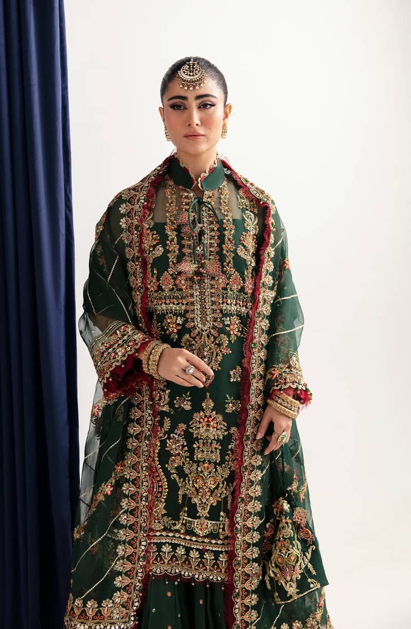 Bottle Green 3 Piece Embroidered Raw Silk Suit|Brand By Fabiha Fatima 1