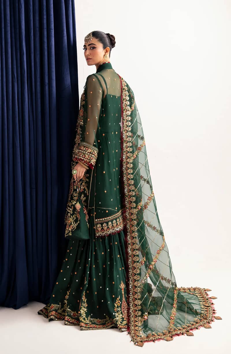 Bottle Green 3 Piece Embroidered Raw Silk Suit|Brand By Fabiha Fatima 3