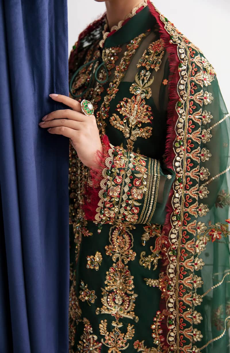 Bottle Green 3 Piece Embroidered Raw Silk Suit|Brand By Fabiha Fatima 4