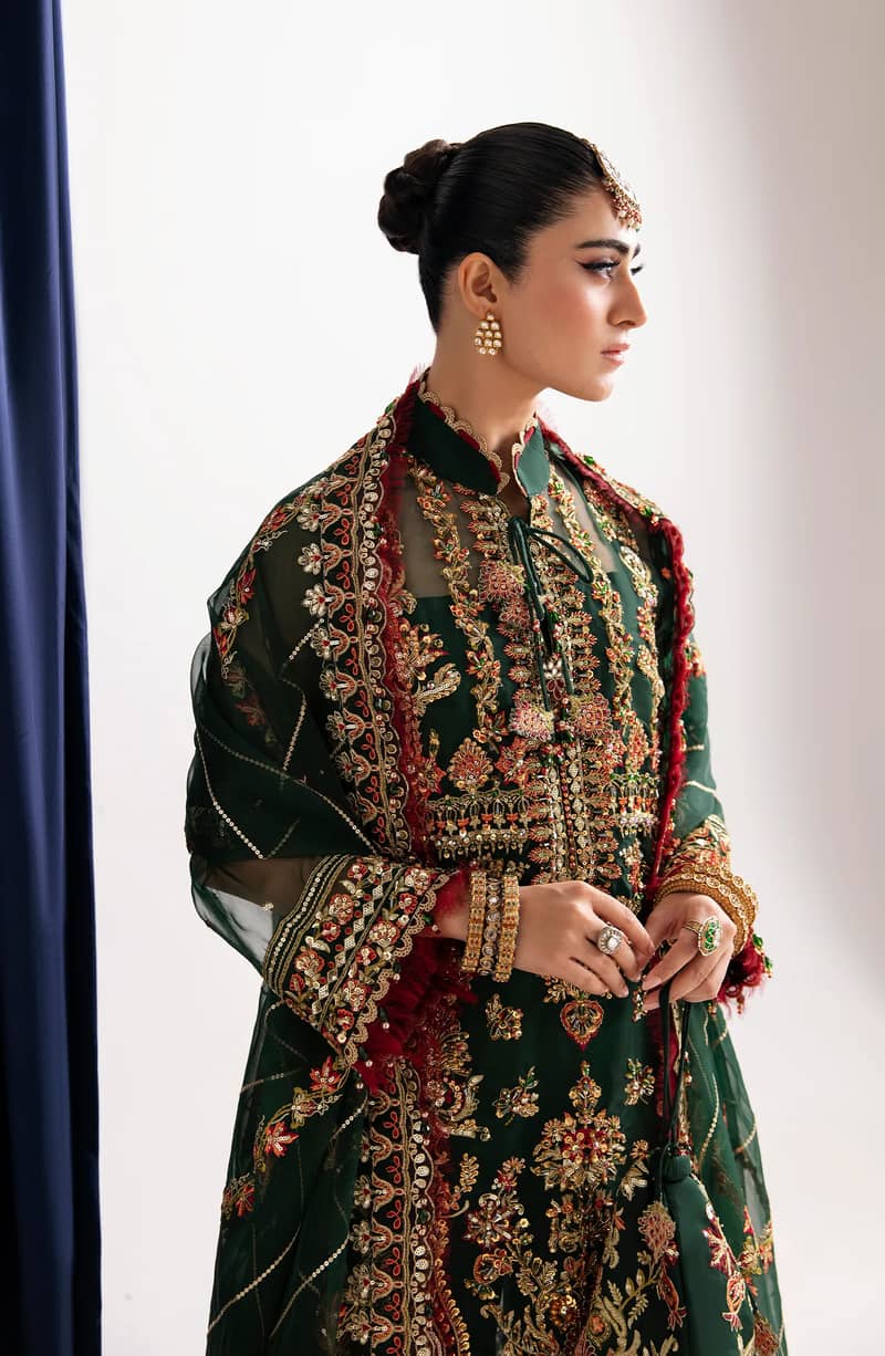 Bottle Green 3 Piece Embroidered Raw Silk Suit|Brand By Fabiha Fatima 5