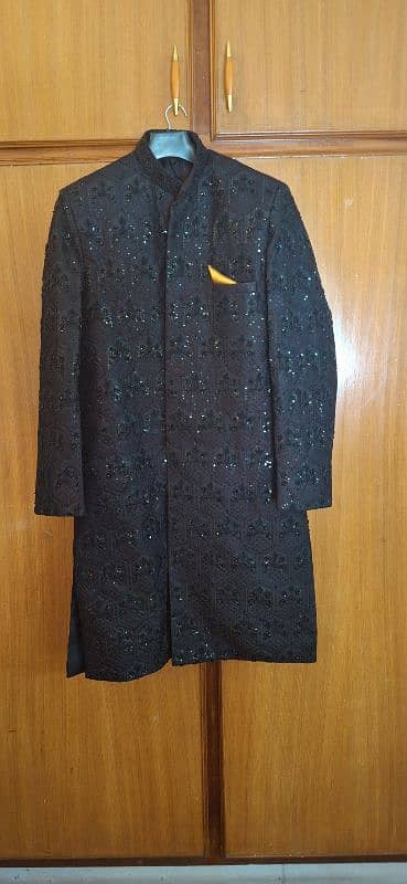 Black Sherwani with Khula and Shoes 0