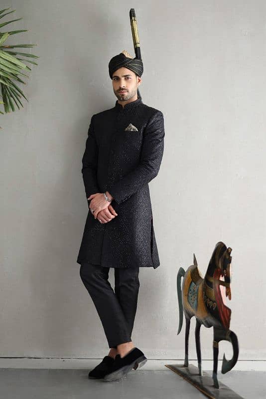 Black Sherwani with Khula and Shoes 3