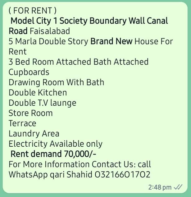 Model City 1 Society Boundary Wall Canal Road* Faisalabad 5 Marla Double Story New House For Rent 17