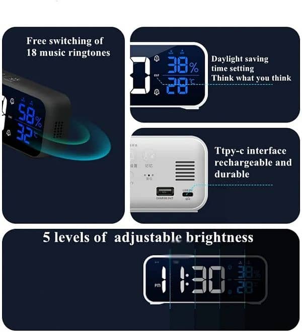 LED Music Alarm Clock Temperature Humidity Voice Control 4