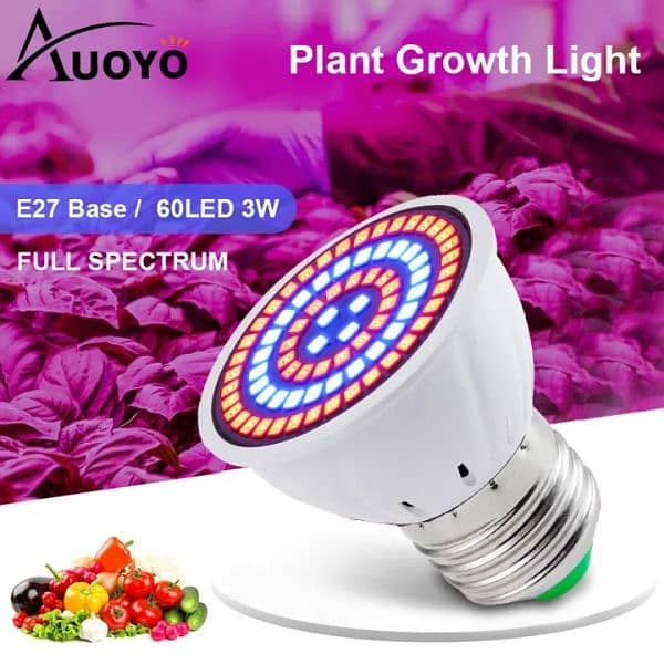 Auoyo 60 LED Plant Grow Light Bulb E27 Grow LampLight 220V 3W 0