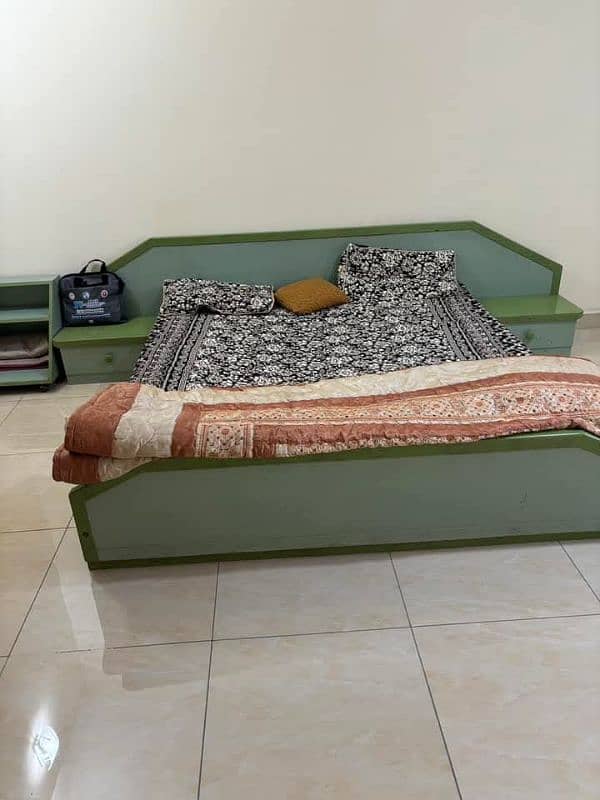 wooden bed with side tables, trolley and mattress 0