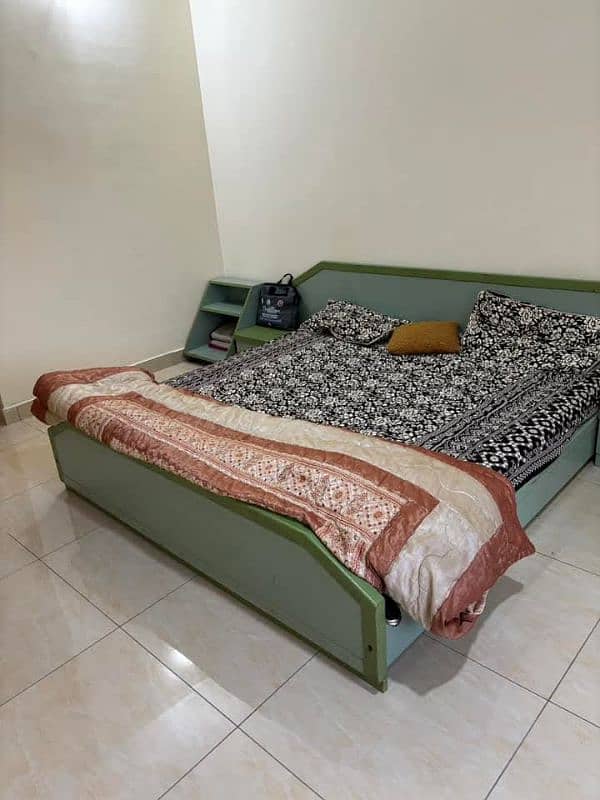 wooden bed with side tables, trolley and mattress 1