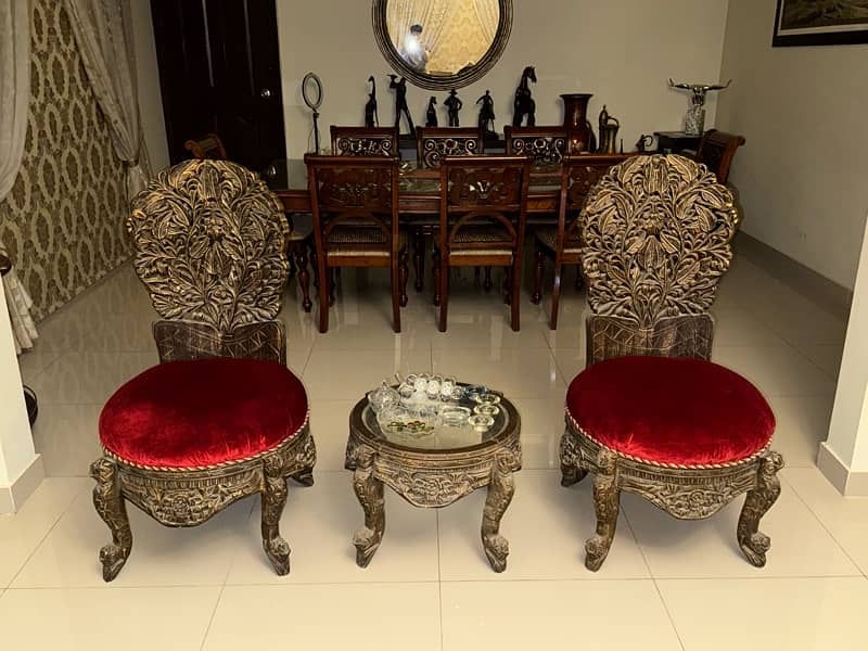 FOR SALE: Antique Carved Wooden Chair Set with Table 0