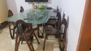 DINING TABLE WITH 6 HEAVY WOODEN CHAIR THICK GLASS LARGE SIZE